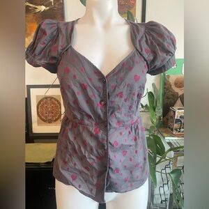 Anthropologie Gray and Pink Button-Up Embroidered Floral Cotton Blouse Top sz 4